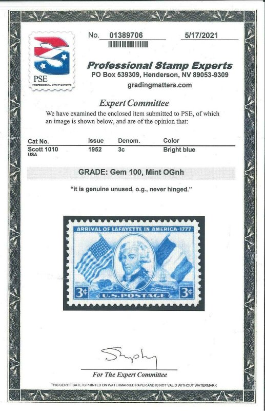 Scott 1010 Mint OG NH PSE Cert. Gem 100 SMQ $165 (LB 9/21)