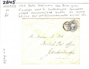 GB Cover Upper Holloway Duplex London Constantinople 2½d Stationery 1902 ZB45