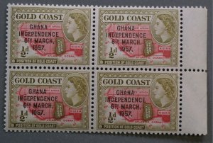 Ghana #5-13, 25-27 XF Unused NH Blocks of 4 Overprint Ghana Independence