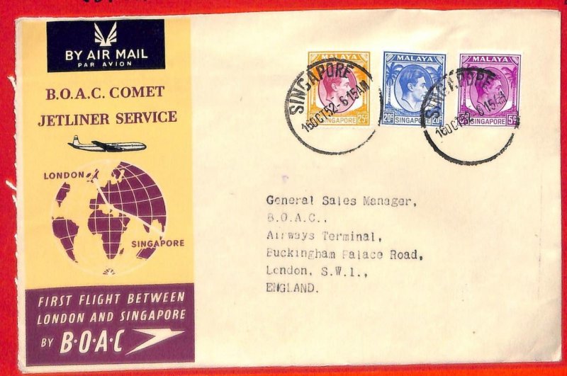 aa3406 - MALAYA - Postal History - FIRST FLIGHT  BOAC London - SINGAPORE 1952