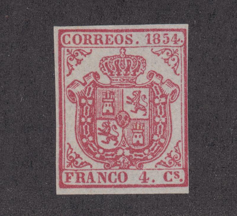 Spain Sc 25 MNG. 1854 4c carmine Coat of Arms, 4 margins, almost VF