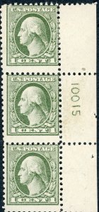 Scott # 525 - 1c Green - Washington.  3 stamp plate number. MNH OG