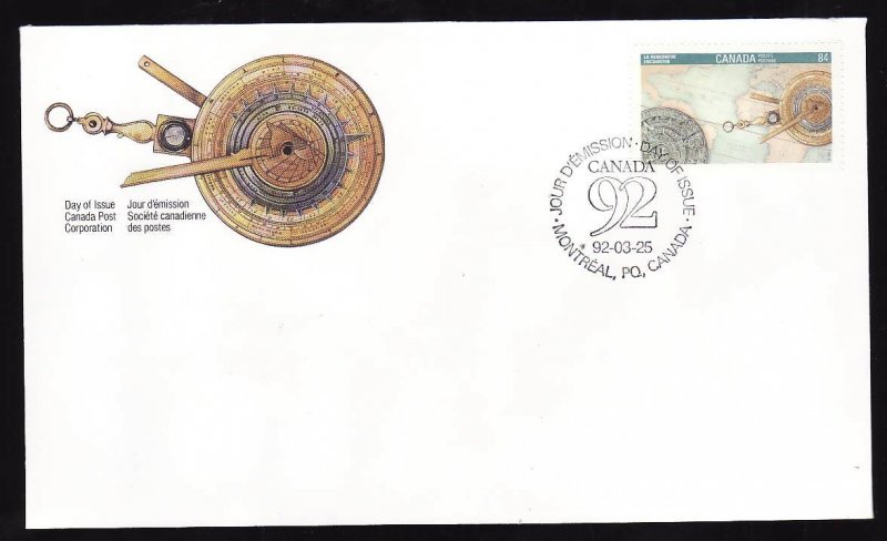 Canada-Sc#1407-stamp on FDC-Canada 92-Maps-Columbus-1992-