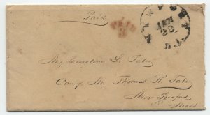 1855 Newport RI stampless cover w letter black CDS, red paid 3 in arc [6028.21]