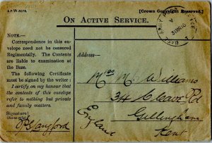 Great Britain Soldier's Free Mail 1916 Base Army Post Office A T, Port Said, ...