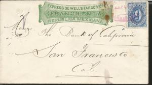 J) 1891 MEXICO, EXPRESS WELLS FARGO, NUMERAL, 6 CENTS BLUE ISSUE, PINK CANCELLAT