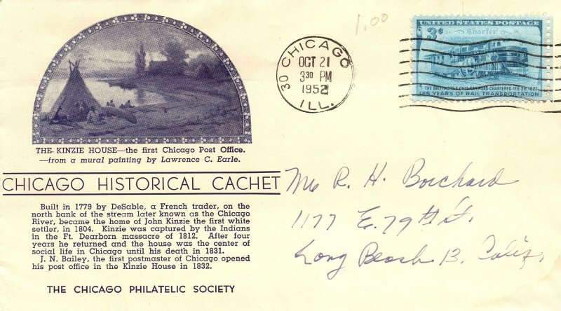 THE KINZIE HOUSE THE FIRST CHICAGO POST OFFICE CELEBRATED ON CACHET COVER 1952