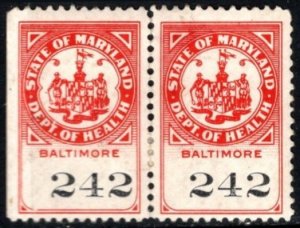 Vintage US Revenue Baltimore Maryland Department of Health Stamp Pair