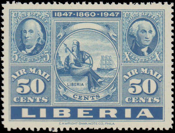 Liberia #C54-C56, Complete Set(3), 1947, Americana, Stamp on Stamp, Never Hinged