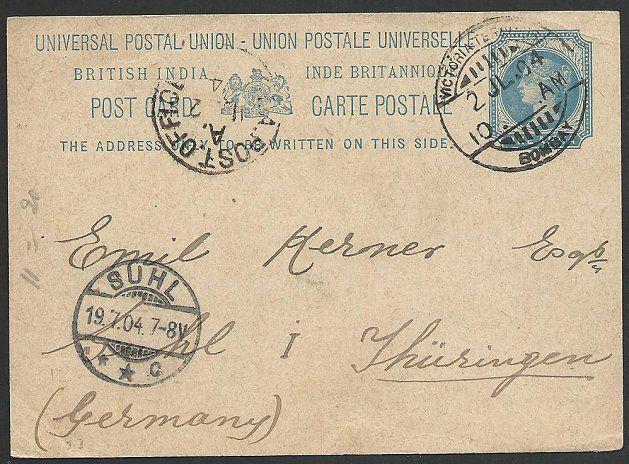 INDIA QV 1a  postcard used 1904 to Germany, Sea Post Office cds............49382