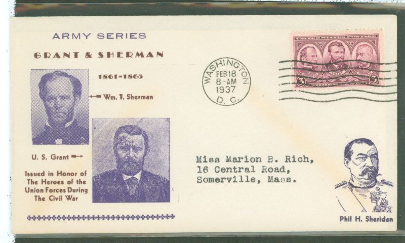 US 787 1937 3c Army Heroes (Sherman, Grant, Sheriden) (part of the Army Navy series) on an addressed (typed) FDC with a Kapner c