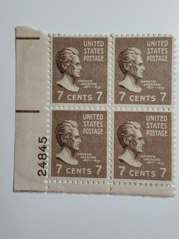 SCOTT #812 ANDREW JACKSON PRESIDENTIAL PLATE BLOCK S# 24845 LL MINT NEVER HINGED