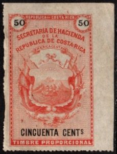 1882 Costa Rica Revenue 50 Centavos Coats of Arms General Tax Duty Unused