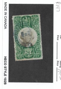 $3 3rd Issue Revenue Tax Stamp, Sc # R147, used. Nice Canx (55935)