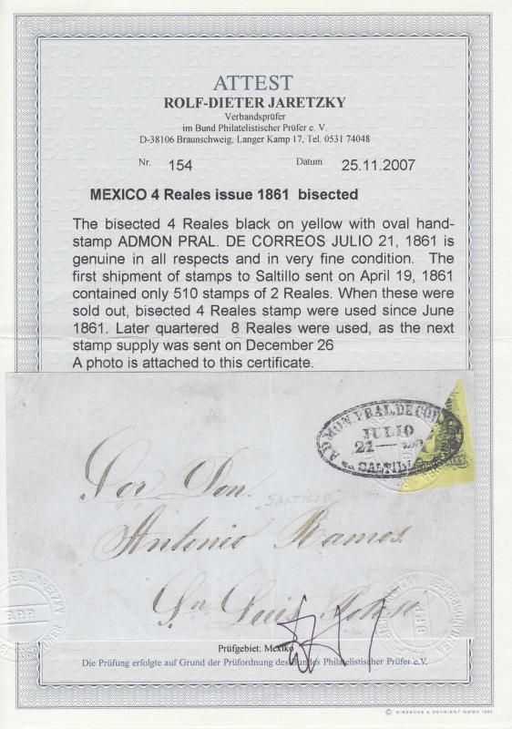 Mexico Sc 9a bisect used on 1861 cover SALTILLO - SAN LUIS POTOSI, 2 Certs.