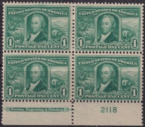 #323 Mint OG, F-VF, Block of 4, plate number, imprint (CV $22.5 - ID30603)