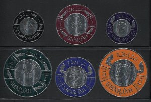 SHARJAH UAE 1966 SG 179-184 Mint MNH Round Coins - Flags, JFK - Kennedy, Birds