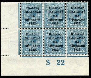 Ireland 1922 KGV 10d turquoise-blue Control S22 Plate 2b block fine mint. SG 42.