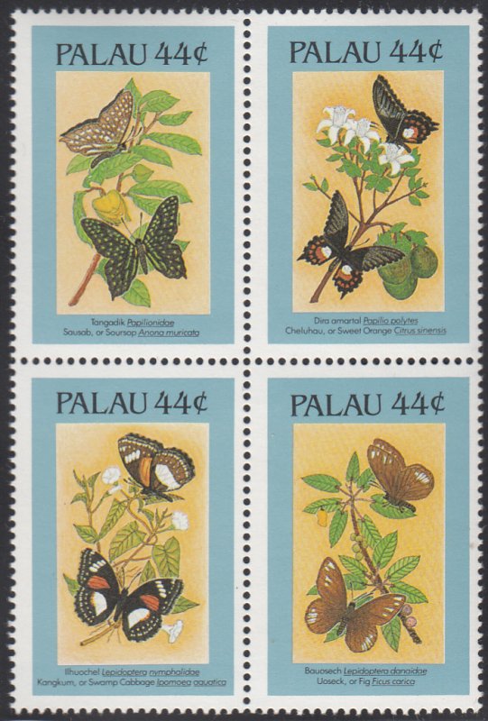 Palau 1987 MNH Sc 121Ef Block of 4 44c Butterflies