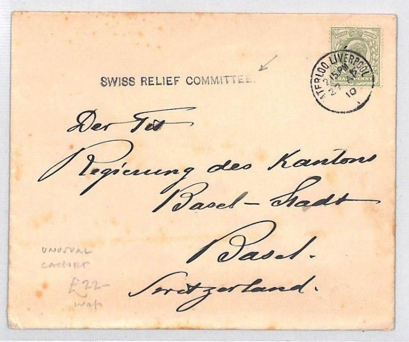 CB14 1910 GB DISASTER CHARITY Liverpool *Swiss Relief Committee* Cachet Cover