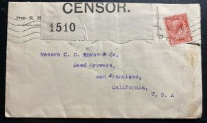 1916 England Commercial Censored Cover Perfin Stamp To San Francisco CA USA