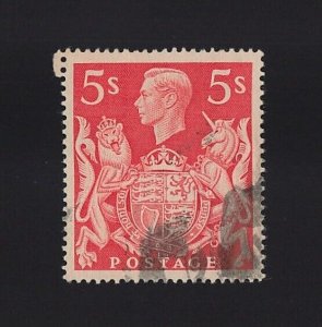 Great Britain Sc #250var/CW 18b (1939) 5/- KGVI T Guide Mark Variety VF Used