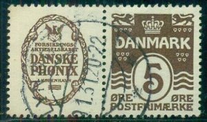 DENMARK (RE2) 5ore brown DANSKE PHONIX advertising pair, used