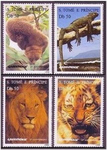 St Thomas & Prince 1237-1241,MNH.Greenpeace-25.Iguana,Tiger,Lion,Elephant.1996.