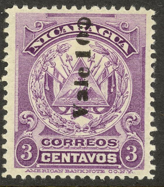 NICARAGUA 1906-08 10c on 3c ABNC Imprint Coat of Arms Issue READING UP Sc 194 MH