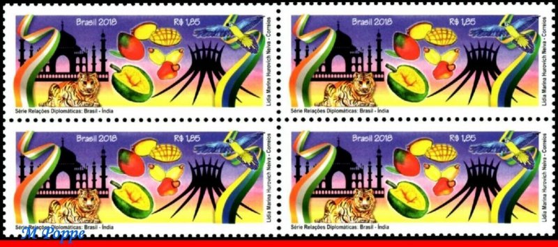 3379 BRAZIL 2018 DIPLOMATIC REL. INDIA, ARCHITECTURE, TIGER, BIRDS, BLOCK MNH