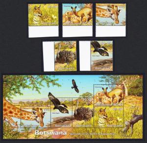 Botswana Birds Giraffe Eagle Ostrich Klipspringer Serval 5v+MS SG#1009-MS1014