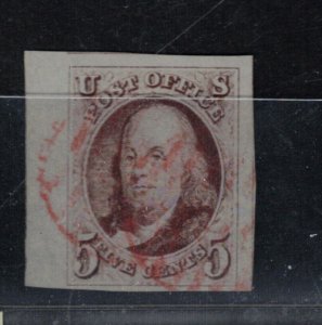 USA #1 Extra Fine Used Gem Left Margin Single With Ideal Light Red Grid Cancel