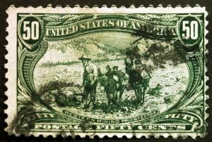 #291 50c Sage Green 1898 Trans Mississippi Used with Center Line at Top