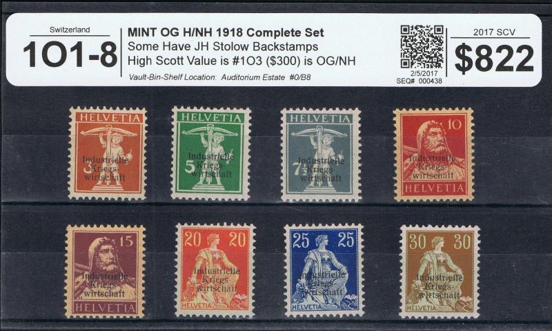 COMPLETE SET SWITZERLAND SCOTT #1O1 - 1O8 MINT OG H/NH SCV $822 DEALER CLOSEOUT