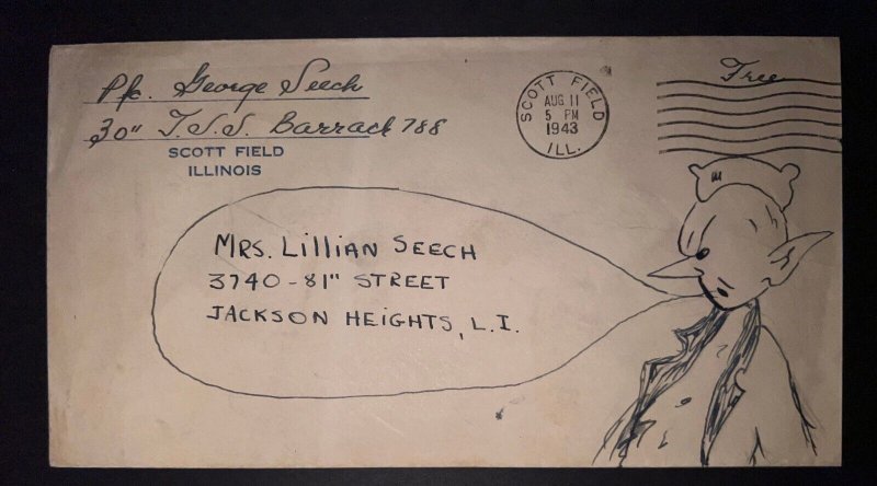 1943 USA Cover Army Mail Scott Field IL to Jackson Heights LI NY Hand Drawn