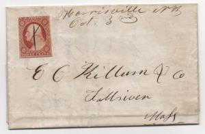 VA US Cover Scott #10 Harrisville to Fallriver MA Oct 3, 1851 With Letter