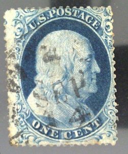 Scott#23 - F - 1c Blue - Type IV - Franklin - Used - Tiny Thin - 1857