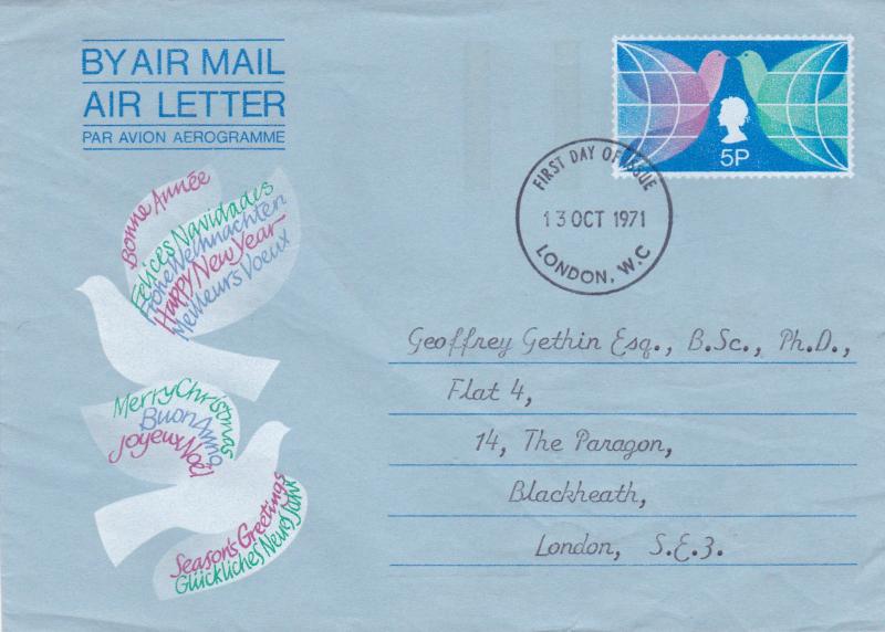 GB 1971 Christmas 5p Air letter First Day of Issue London WC VGC