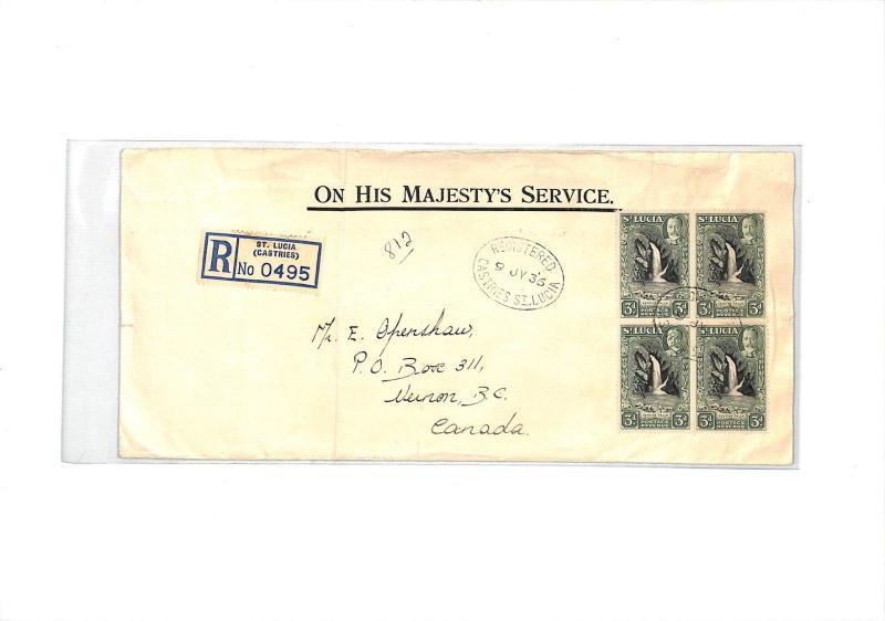 ST. LUCIA Cover 1935 3d BLOCK{4} Registered Official VERNON Canada WATERFALL CF2