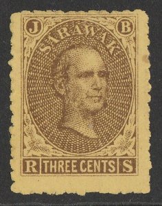 SARAWAK 1869 Brooke 3c brown on yellow, (left pane pos.65).