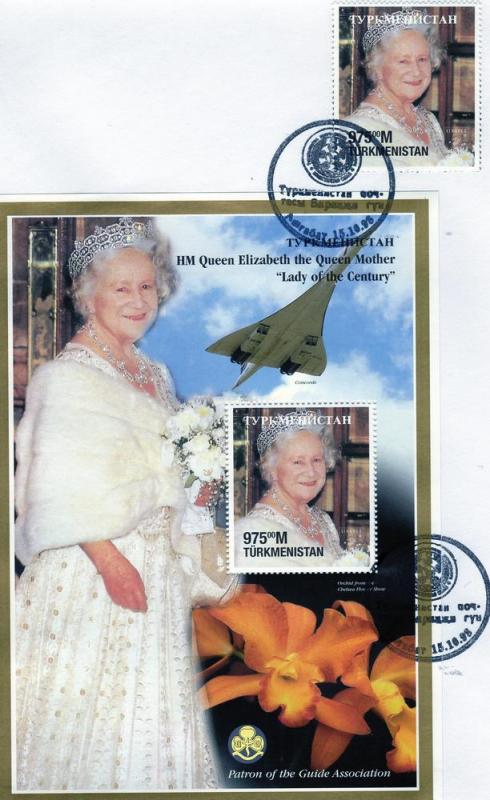 Turkmenistan 1998Queen Mother/Concorde/Orchids/Scouts SS FDC