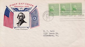 1939 Prexie Coil FDC, #839, 1c George Washington, Fidelity P-5, strip of 3