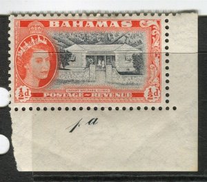 BAHAMAS; 1953 early QEII issue mint hinged CORNER Marginal 1/2d. value