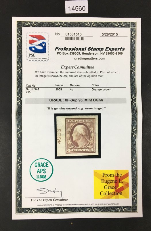 US STAMPS # 346 MINT OG NH  *PSE GRADED XF-SUP 95 CERT*  SMQ $60 LOT #14560