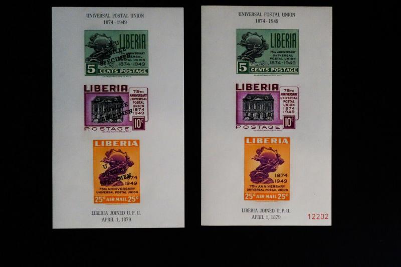 Liberia UPU 1949 Mint NH Regular & Specimen Souvenir Stamp Sheets