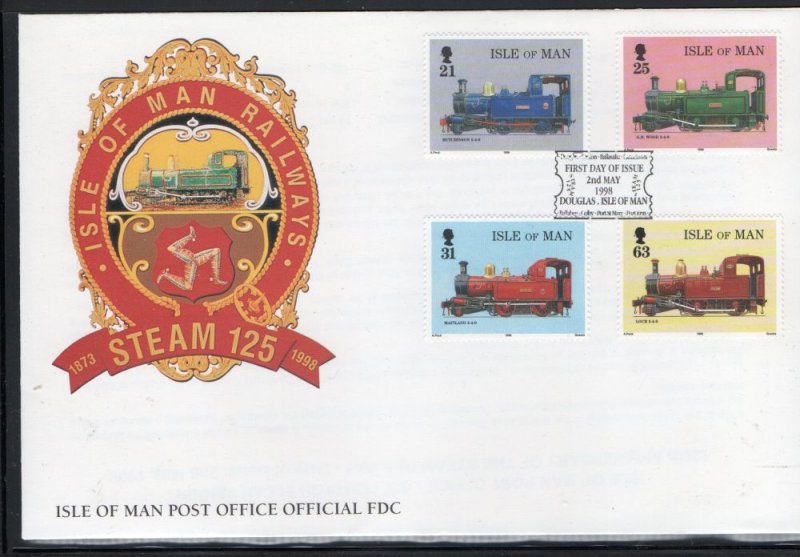 Isle of Man Sc 781-4 1998 Steam Engine stamp set on FDC