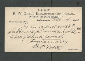 1881 Indianapolis In UX5 W/Grand Encampment Notice The I O O F Independant-----