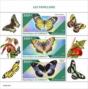 DJIBUTI - 2022 - Butterflies - Perf 3v Sheet - Mint Never Hinged