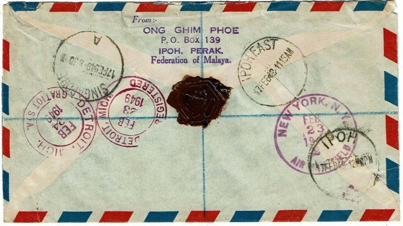 Malaya BMA 1949 Ipoh (Perak) cancel on registered, airmail cover to the U.S.