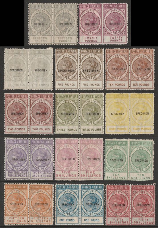 SOUTH AUSTRALIA 1886 QV Postage & Revenue set pairs SPECIMEN MNH ** with VARIETY